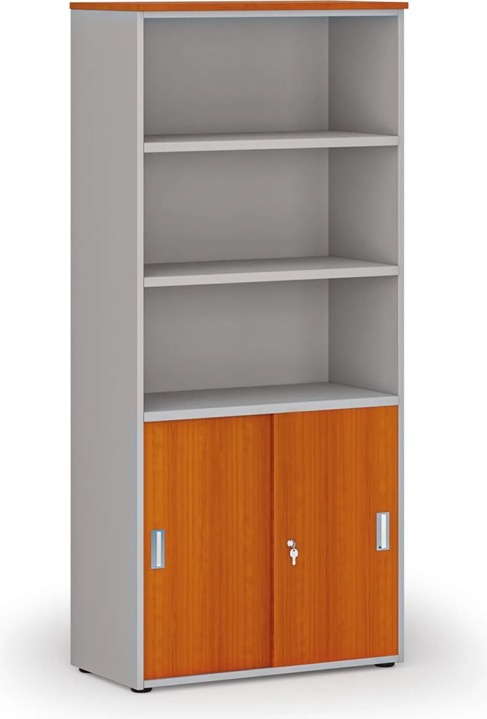 Szafa biurowa kombinowana PRIMO GRAY, drzwi przesuwne na 2 poziomach, 800 x 420 x 1781 mm, szary/wiśnia