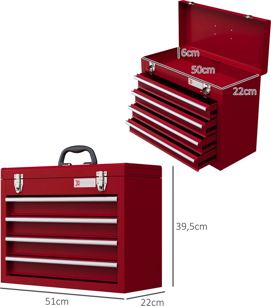 DURHAND Skrzynka narzędziowa z 4 szufladami, górny schowek, stalowe zamki, uchwyt, 51x22x39,5 cm, Czerwona
