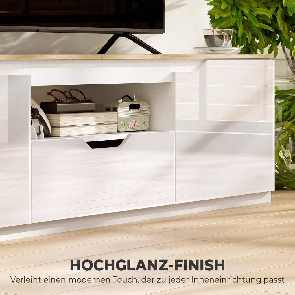 HOMCOM Lowboard TV, wysoki połysk, dla telewizorów do 165 cm, 3 schowki, szuflada, 160 x 38 x 43 cm, naturalne drewno | Aosom PL