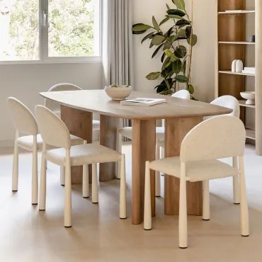 Zestaw Stołu Prostokątnego 200x100 Cm Z Drewna Mango Sidney Oraz 6 Krzeseł Jadalnianych Z Tkaniny Bouclé Nagore Naturalna - Sklum