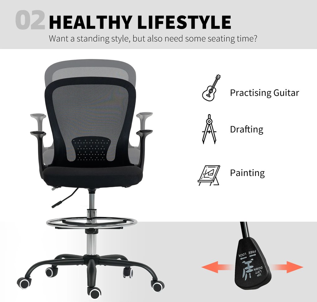 HOMCOM Fotel biurowy Regulacja wysokości Krzesło biurkowe z regulowanym pierścieniem podnóżka, podparciem lędźwiowym, 62 x 59 x 119 cm, Czarny