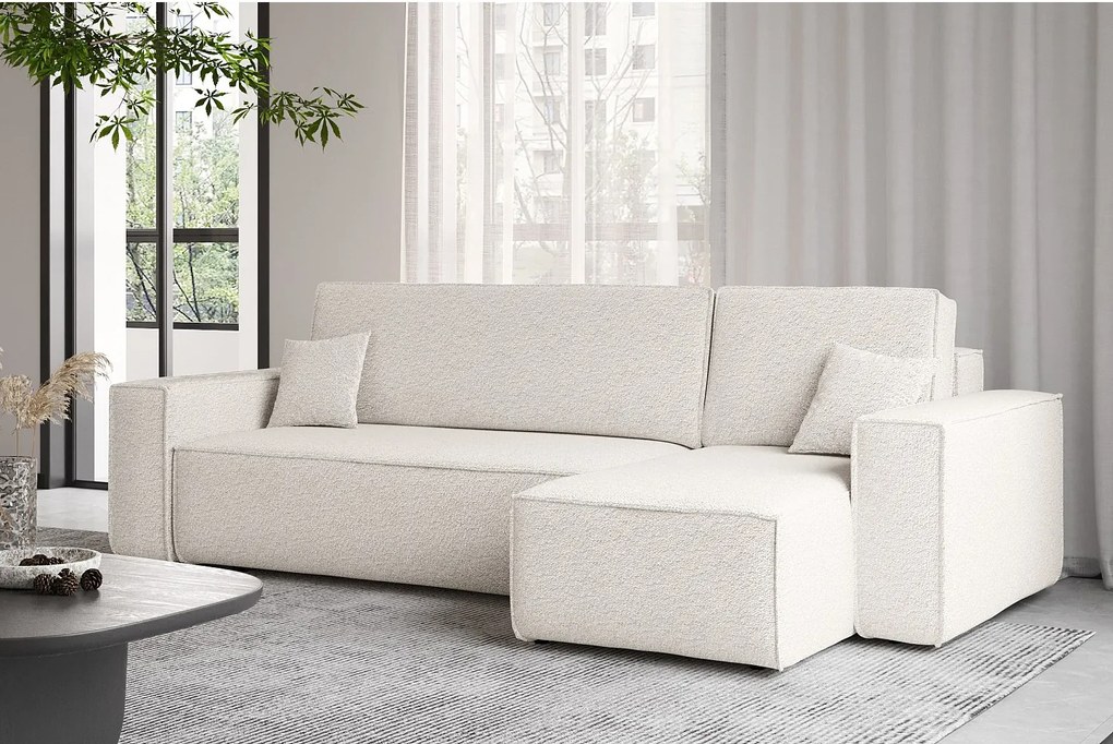 Narożnik z funkcją spania i pojemnikiem, Sofa w kształcie L, BEST L, tkanina Abriamo, Ecru, Prawy