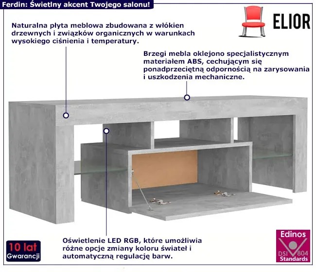 Szafka RTV ze szklanymi półkami i oświetleniem LED szarość betonu - Artbo