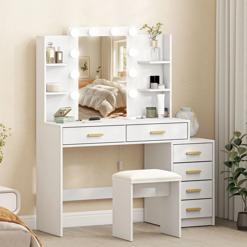 HOMCOM Toaletka z podświetlanym lustrem i tapicerowanym stołkiem, zestaw do makijażu z 6 szufladami i półkami, Biały | Aosom PL