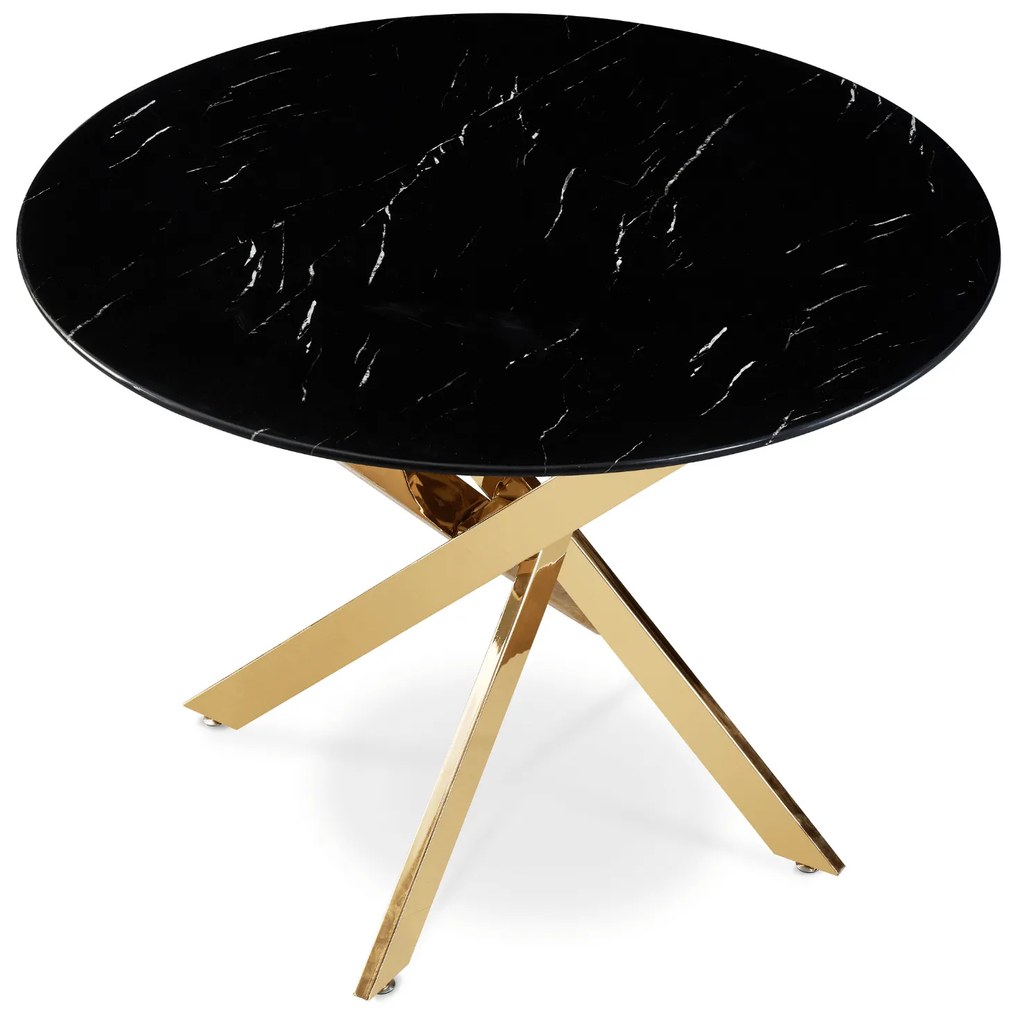Stół Okrągły Szklany BALI 100 cm Czarny Marmur/Złoty Glamour