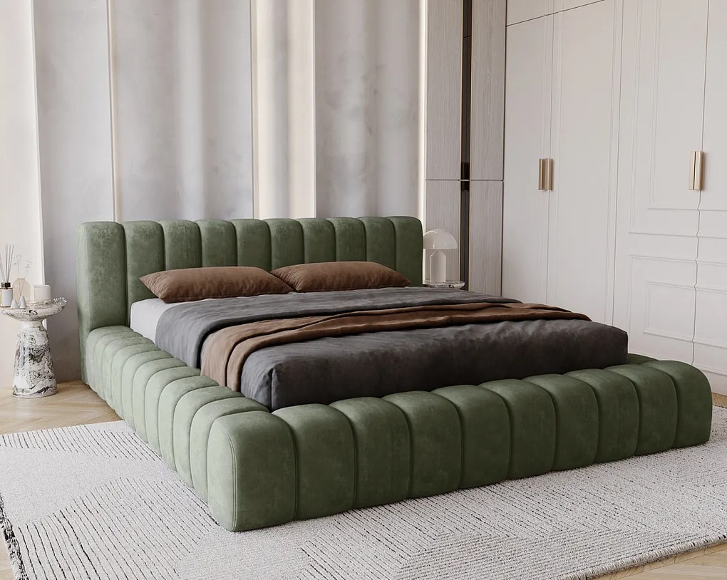 Emporius Como łóżko z pojemnikiem do sypialni - łózko tapicerowane 160x200, nowoczesny styl - duże łózko, gruba pianka - tkanina velvet, zielony (Whisper 11)