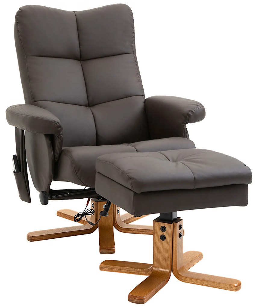 HOMCOM Fotel masujący z podnóżkiem nachylenie 145 stopni komfortowy relaks sztuczna skóra stylowy brązowy 80x86x99cm | Aosom PL