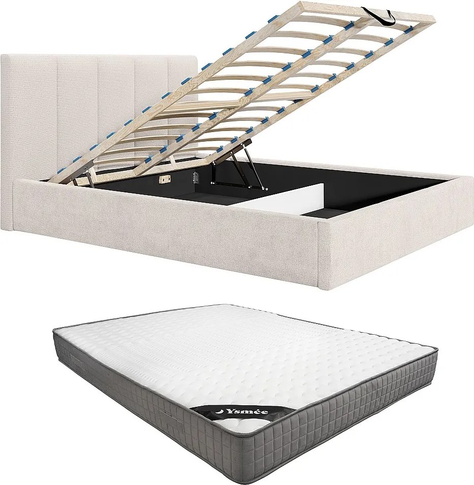 Łóżko ze skrzynią 180 x 200 cm zagłówkiem z pionowymi szwami - Tkanina - Beżowy - Z materacem - KILACLO