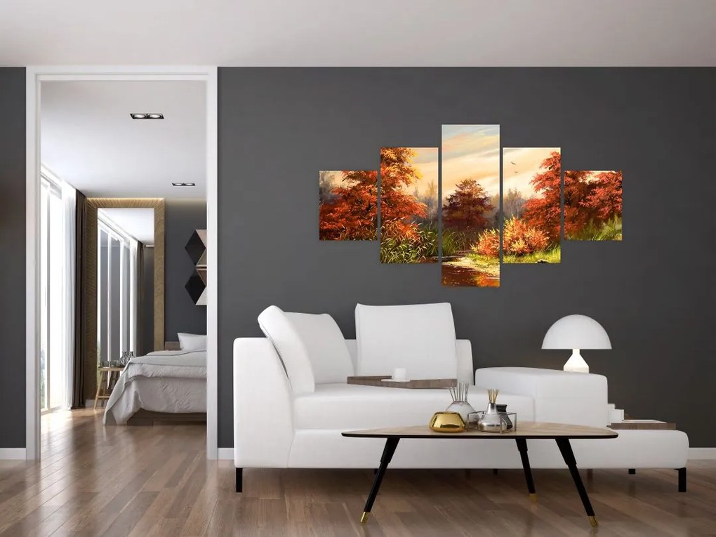 Obraz rzeki w jesiennym krajobrazie, obraz olejny (125x70 cm)