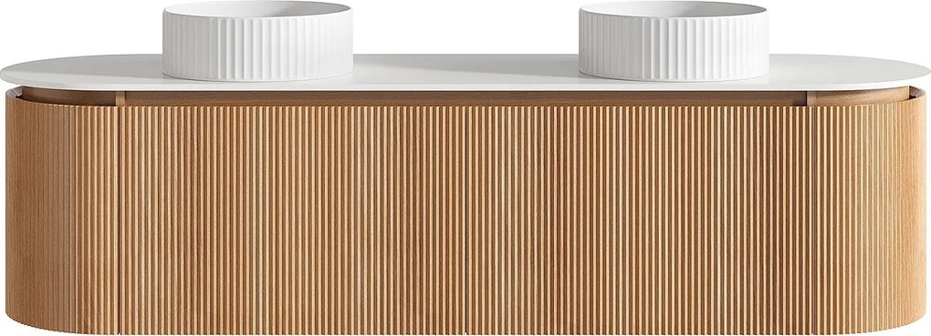 Wisząca szafka łazienkowa z prążkowanym frontem z podwójną okrągłą umywalką nablatową – Jasny naturalny - szer. 180 cm - LILIKO