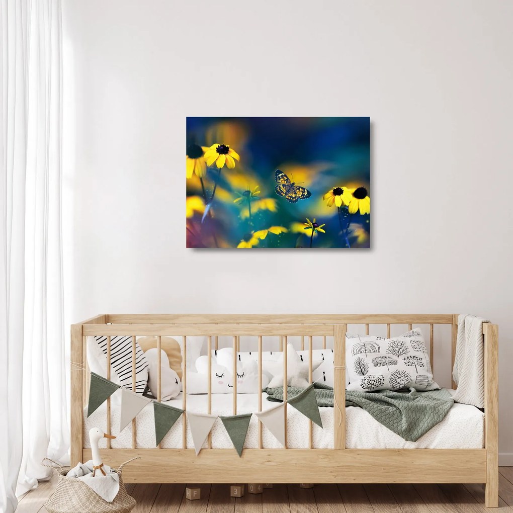 Obraz na szkle - Żółty motyl z kwiatami (70x50 cm)