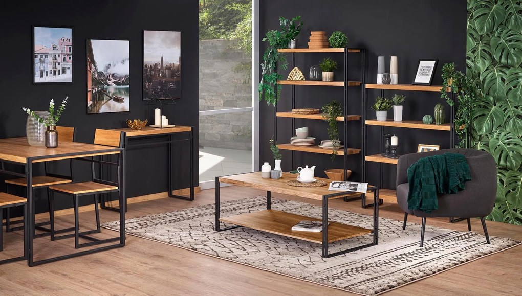 ZIRA zestaw stół + 6 krzeseł dąb złoty / czarny loft