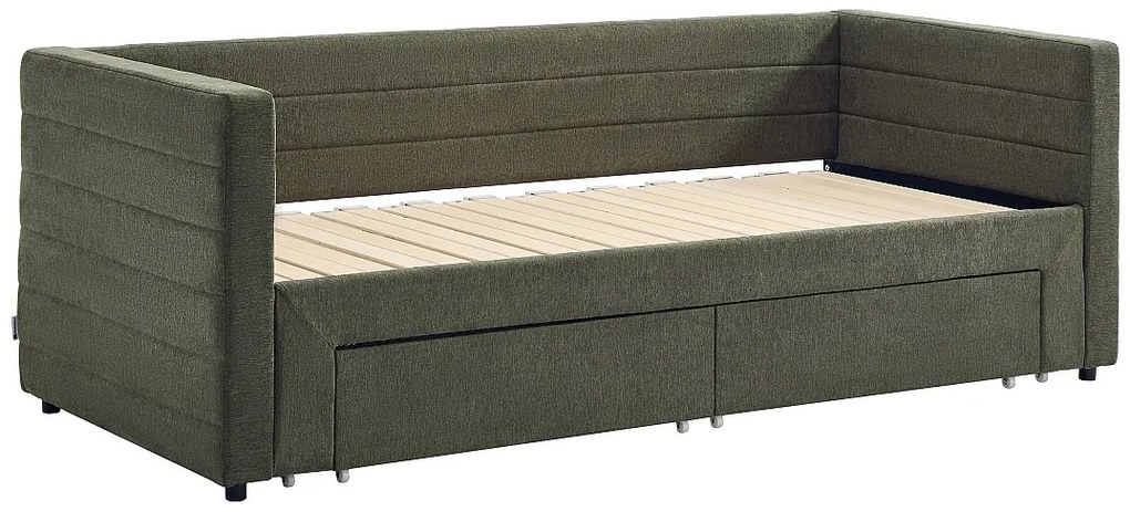 Łóżko rozkładane 2 x 80 x 200 cm - Z listwowym stelażem i szufladami - Teksturowana tkanina - Zielony - CAMITY