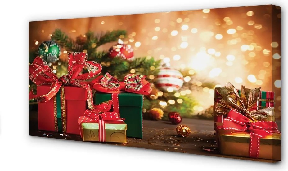 Obraz na płótnie Prezenty, Bombki i Lampki