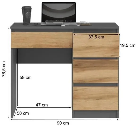 Biurko komputerowe z 4 szufladami antracyt + dąb wotan - Bako 3X