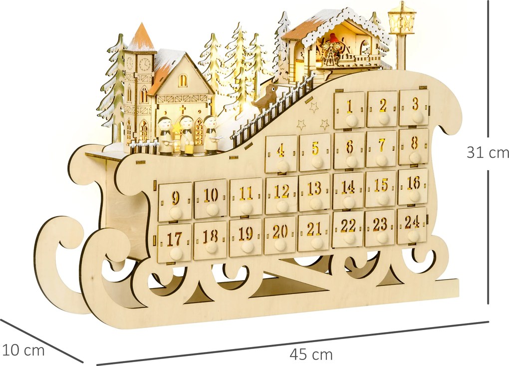 Kalendarz świąteczny w kształcie sań, 24 szufladki z oświetleniem LED, MDF | Aosom PL