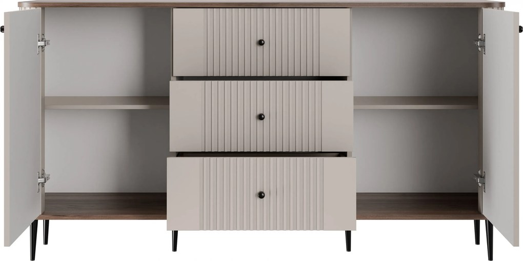Komoda Vesper 160 cm z szufladami na nóżkach - kaszmir / orzech / czarne nogi