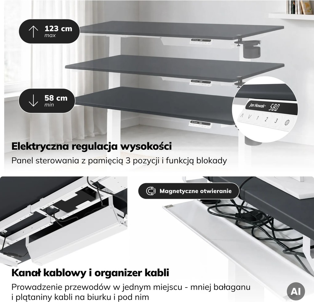 Biurko elektryczne z regulacją wysokości ergonomiczne biało-antracytowe,1400x700 mm: ARIA