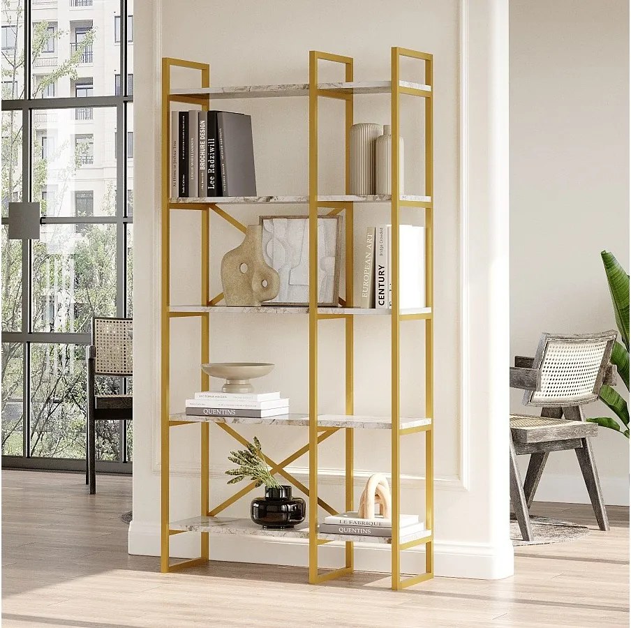 Regał na książki – 87,5 x 175 x 30 cm – Biały i złoty marmur – Metal i płyta wiórowa pokryta melaminą