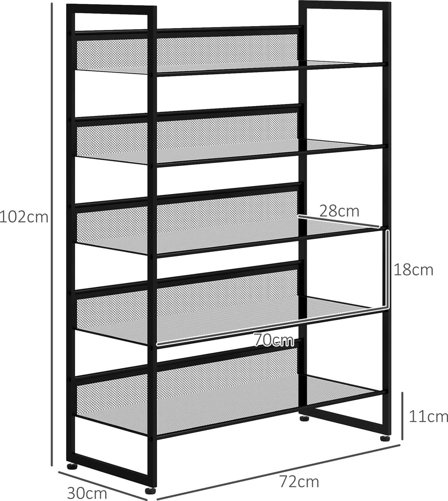 HOMCOM Półka na buty, stojak na buty, 5 półek, 72 cm x 30 cm x 102 cm, czarny