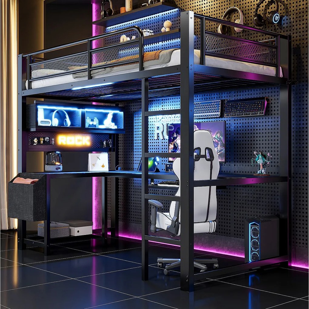 Łóżko piętrowe 90 x 200 cm z biurkiem narożnym, schowkiem, oświetleniem LED, gniazdkami i portami USB - MDF i metal - czarne (materac nie jest wliczony w cenę)