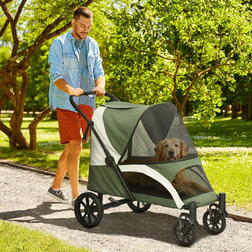 PawHut Składany Wózek dla Psów, Buggy dla Dużych Psów z 4 Kołami, Pasami Bezpieczeństwa, Hamulcami, Ciemnozielony