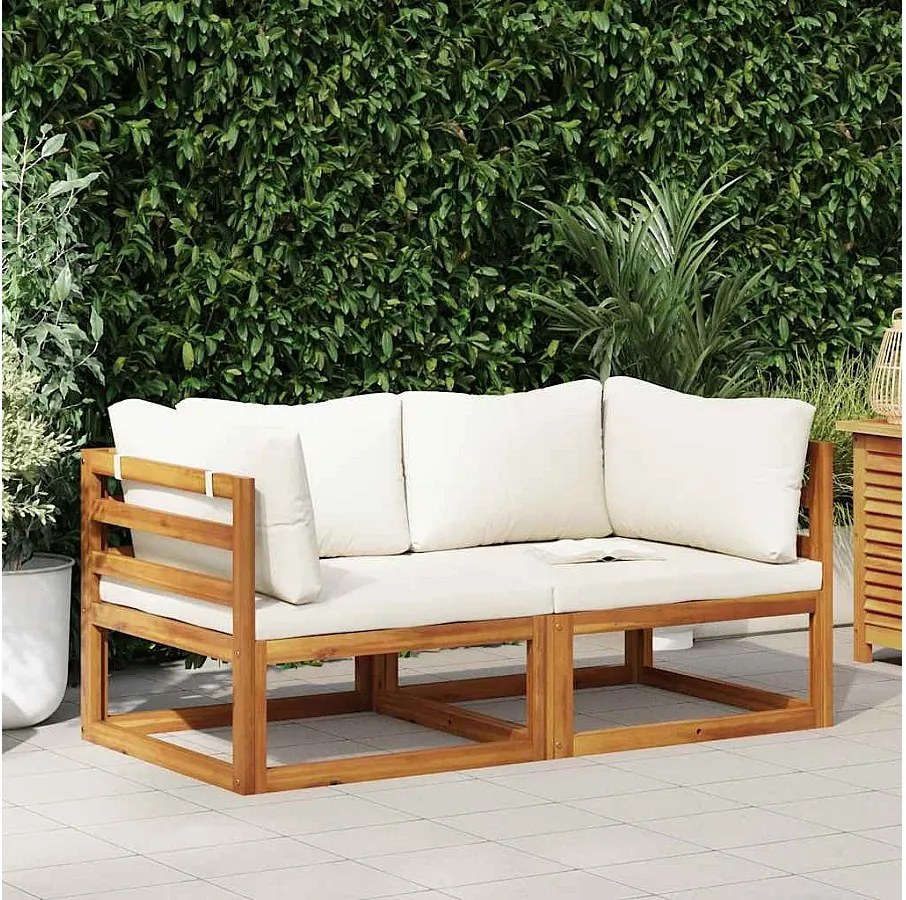 Narożniki sekcjonalne z litego drewna akacjowego z kremowymi poduszkami do użytku na zewnątrz