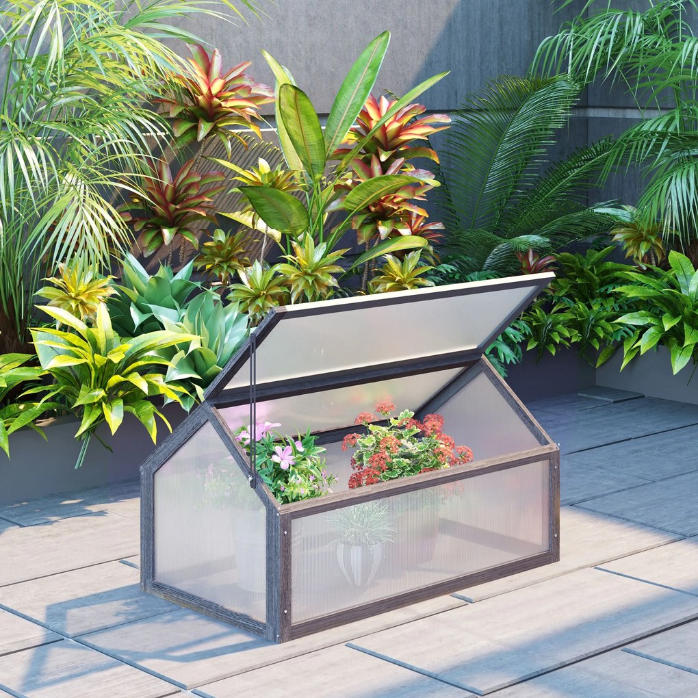 Outsunny Mini Szklarnia, Kompaktowy Domek dla Roślin z Drewna, Płyty Polikarbonatowe, Otwierany Dach, 90Dł x 52Szer x 49,5Wys cm, Szary