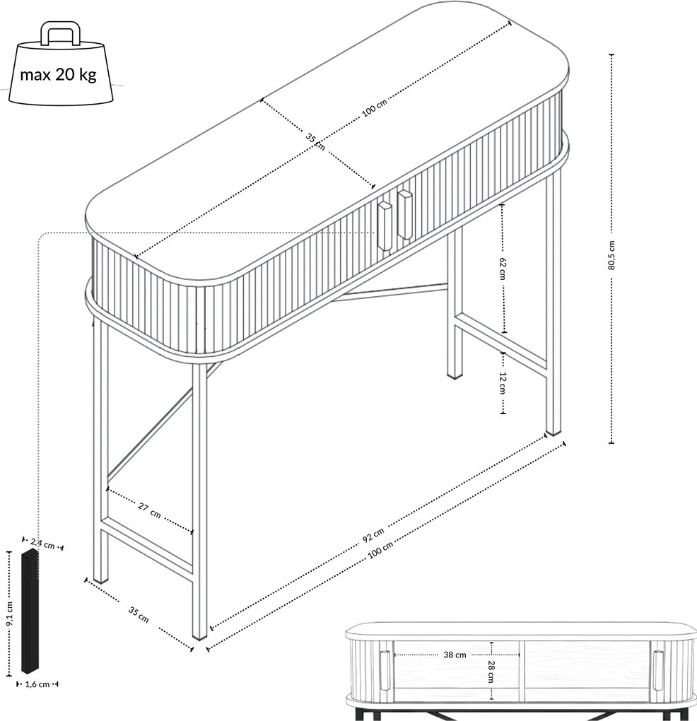 Konsola z rozsuwanymi drzwiami SCAVA, ryflowana, 100 x 35 x 80,5 cm