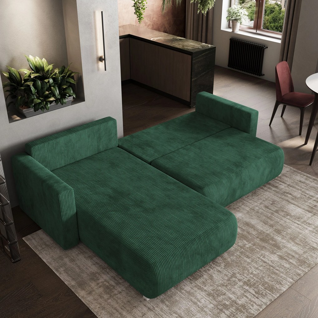 Masseno Narożnik TURIN z funkcją spania i pojemnikiem na pościel Narozniki L, Rozkładana sofa - Zielony, POSO 14