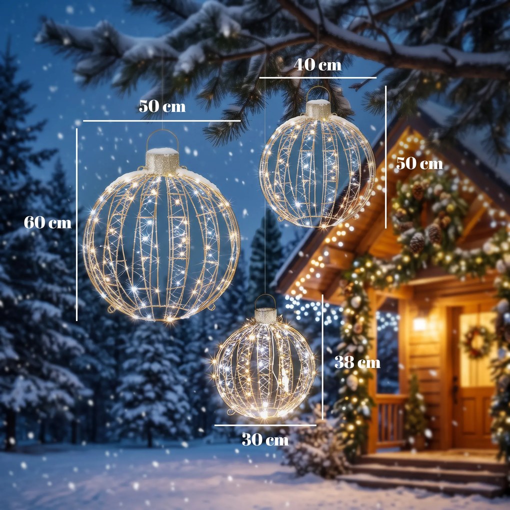 Outsunny 3-częściowy zestaw podświetlanych kul świątecznych na zewnątrz, 360 diod LED w ciepłej/zimnej bieli, światło ciągłe i migające, 24-godzinny timer | Aosom PL