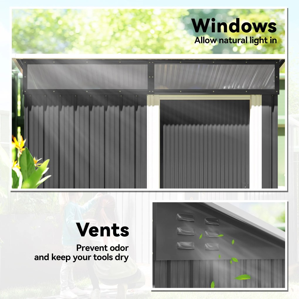 Outsunny Domek na Narzędzia z Oknami, Wentylacją, Drzwiami Przesuwnymi, Stal Wodoodporna, Odporny na Warunki Atmosferyczne, Ciemnoszary