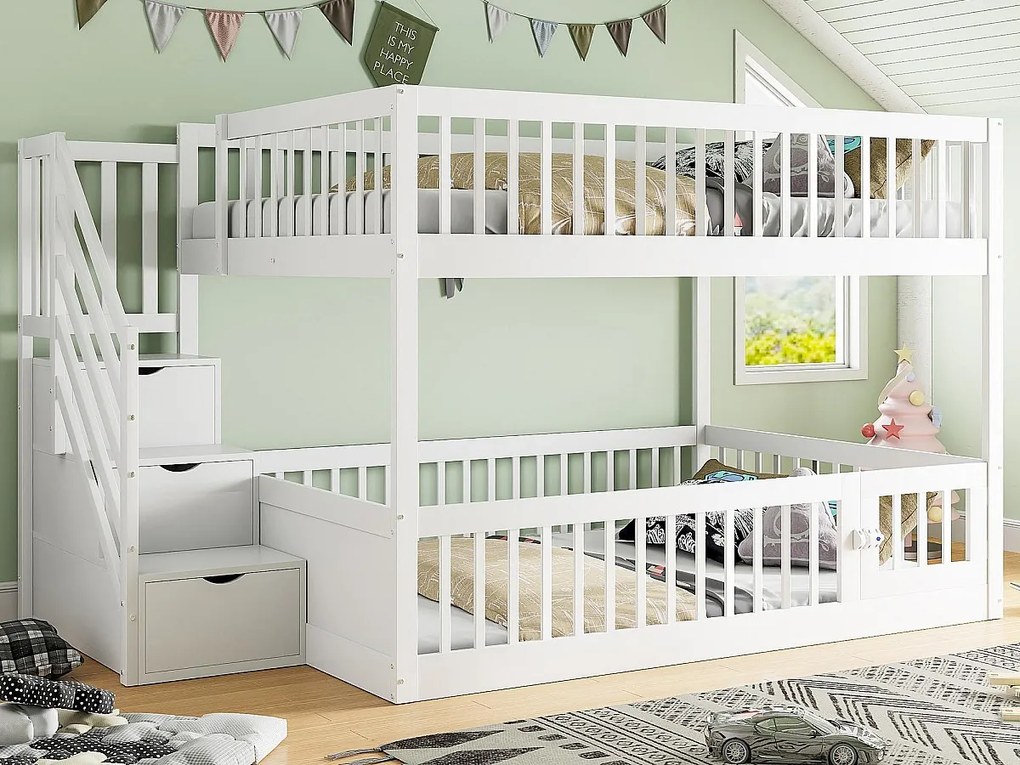 Łóżko piętrowe 140×200 cm - z drabiną bezpieczeństwa - z 3 szufladami - białe (materac nie jest zawarty)