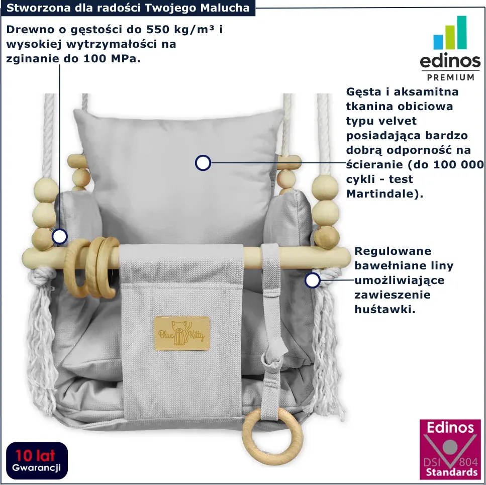 Szara welurowa huśtawka drewniana dla dziecka H3-A69