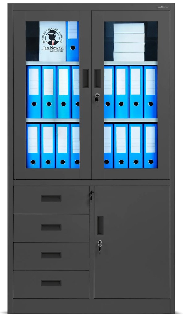 Biurowa przeszklona szafa metalowa na akta z szufladami WIOLA, 900 x 1850 x 400 mm, antracytowa
