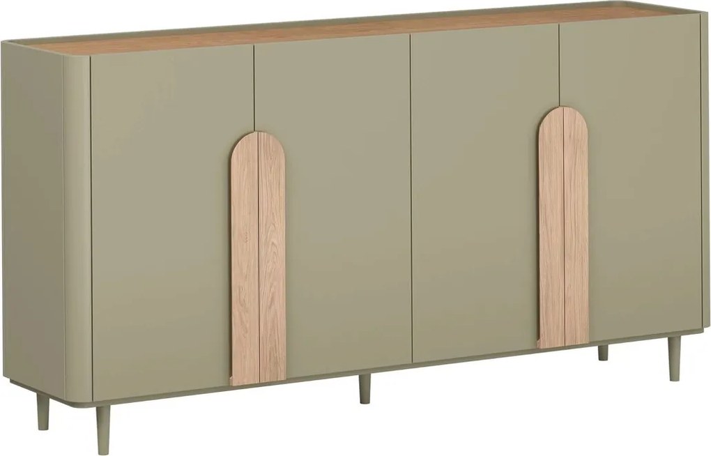 Komoda Amilio 200 cm czterodrzwiowa na nóżkach - eukaliptus / dąb baltic dune / uchwyty dąb naturalny