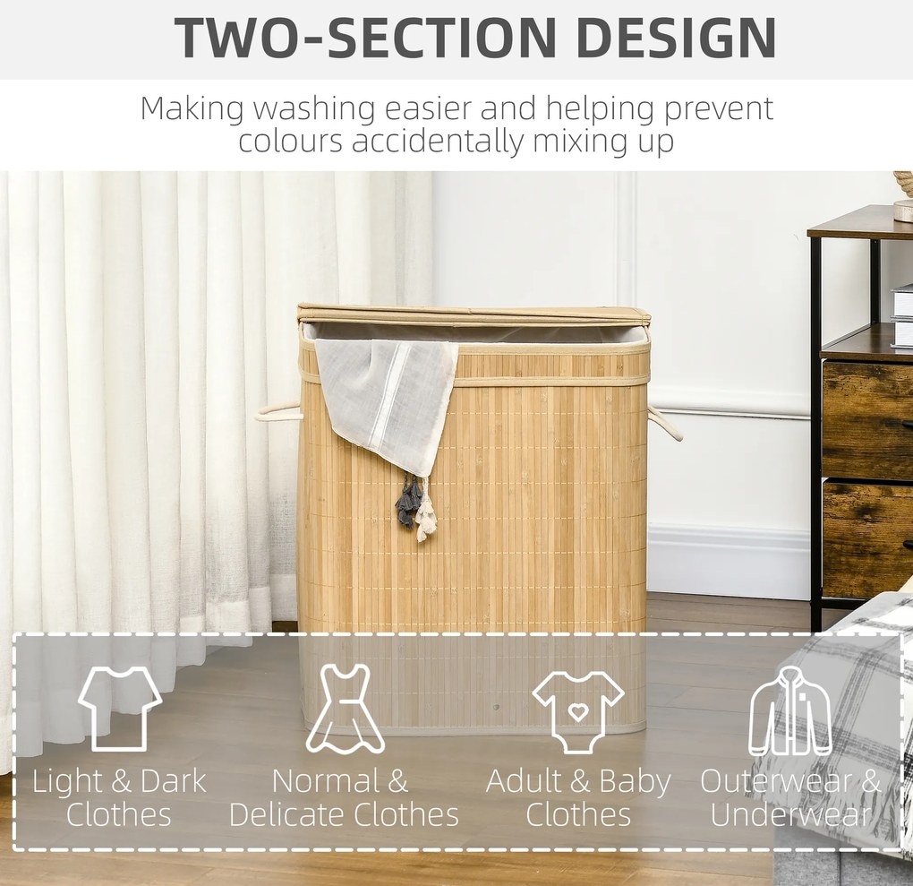 HOMCOM Składany kosz na pranie z bambusa, poręczny 90 L pojemnik na pranie z wyjmowanym wewnętrznym workiem i pokrywą