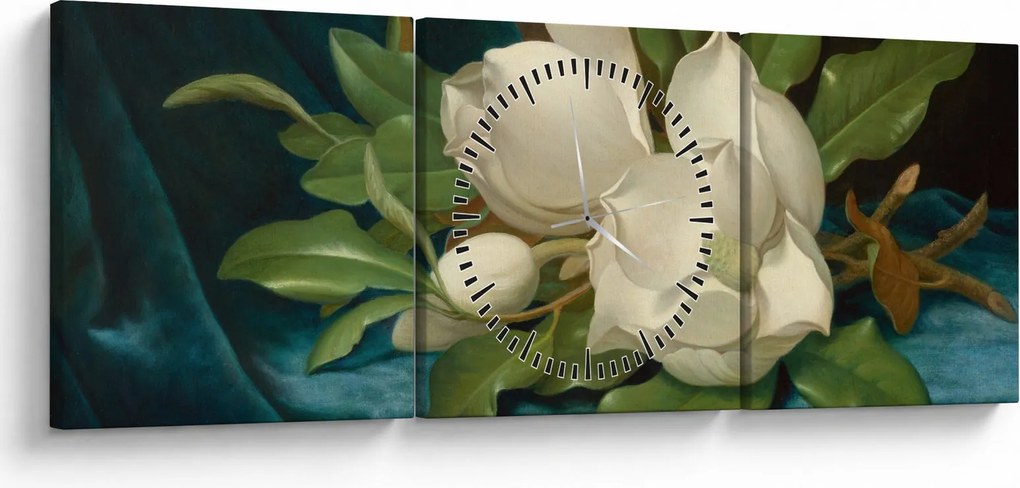 Obraz - Martin Johnson Heade, Giant Magnolias on a Blue Velvet Cloth, reprodukcje (z zegarem) (90x30 cm)