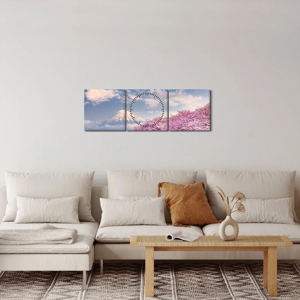 Obraz - Japoński wiosenny krajobraz (z zegarem) (90x30 cm)