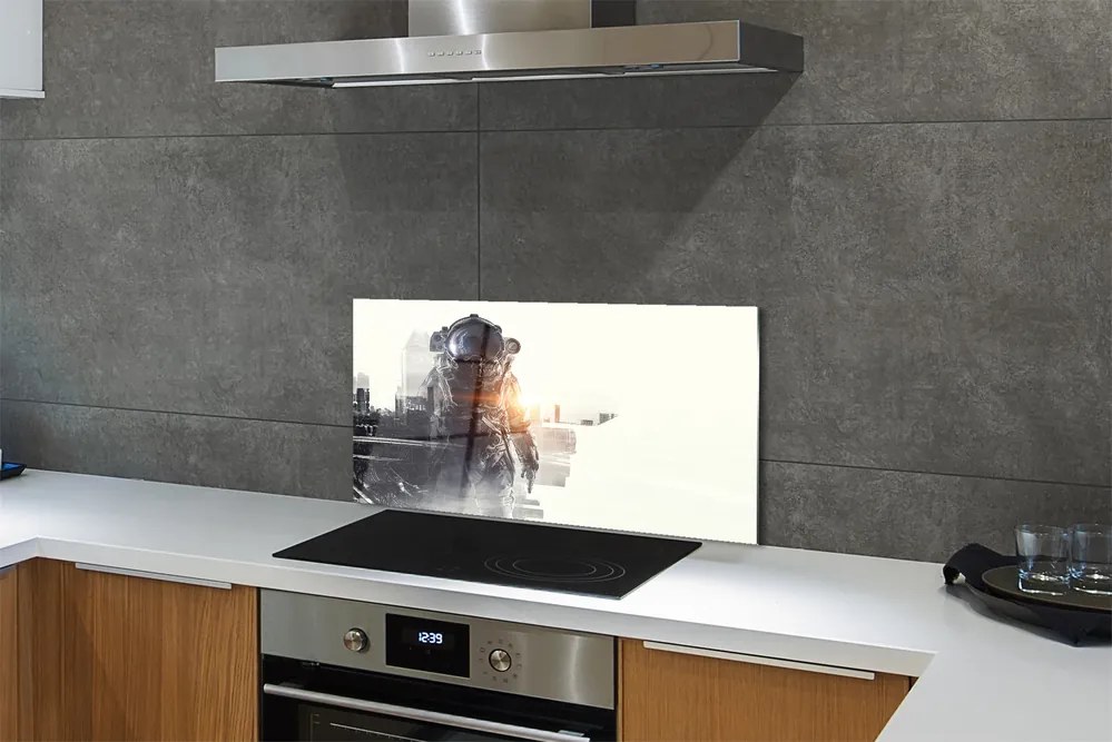 Szkło do Kuchni na Ścianę Postać na tle Panoramy Miasta