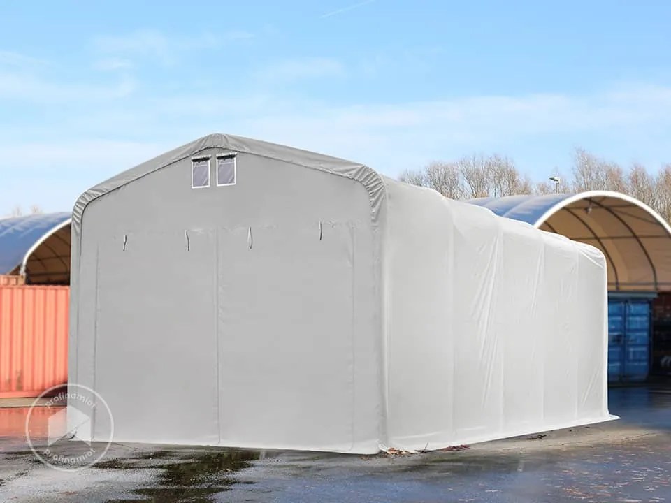 TOOLPORT 5x10m Hala namiotowa - 2,6 m wysokość ścian bocznych z 4,1x2,5m brama, PVC 850, szary, bez statyki - (49500)