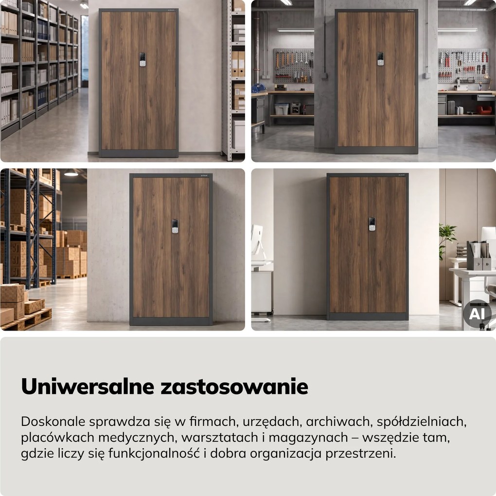 Szafa biurowa metalowa z zamkiem na szyfr antracytowa/orzech, 900x1850x400 mm: DANIEL Eco Design