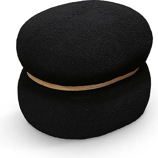 Owalna pufa z czarnej tkaniny z efektem wełny i drewnianym pierścieniem - BOSTON