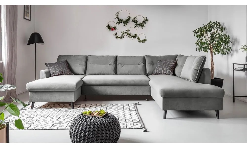 Jasnoszara aksamitna rozkładana sofa w kształcie litery "U" Miuform Stylish Stan, prawostronna