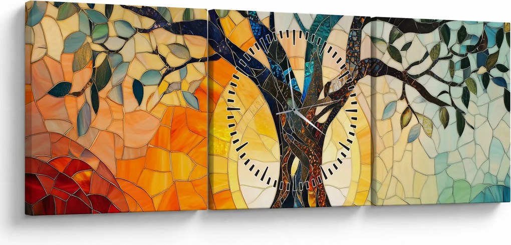 Obraz – Mozaika – słońce i drzewo I. (z zegarem) (90x30 cm)