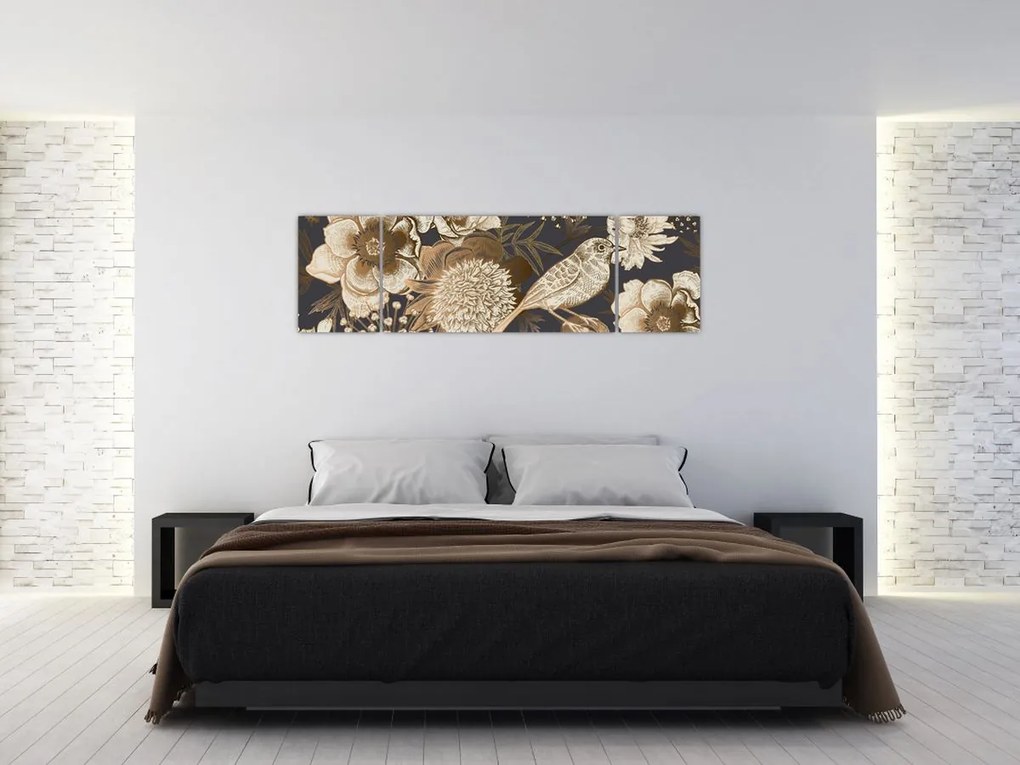 Obraz złotych kwiatów na ciemnym tle (170x50 cm)