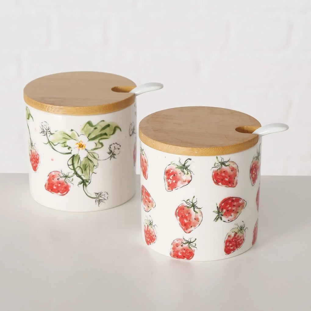 Ceramiczny pojemnik z łyżką i bambusową pokrywą, STRAWBERRY