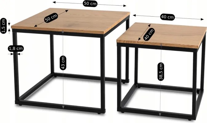 Zestaw Stolików Kawowych CARMI Dąb Złoty/Czarny do Salonu Loft