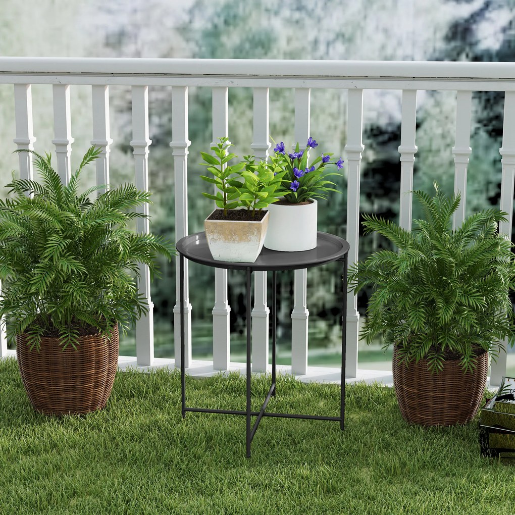 Stolik Ogrodowy Outsunny, Okrągły Stolik Pomocniczy na Zewnątrz z Wyjmowaną Tacką, Składane Nogi, Stolik na Taras, Czarny