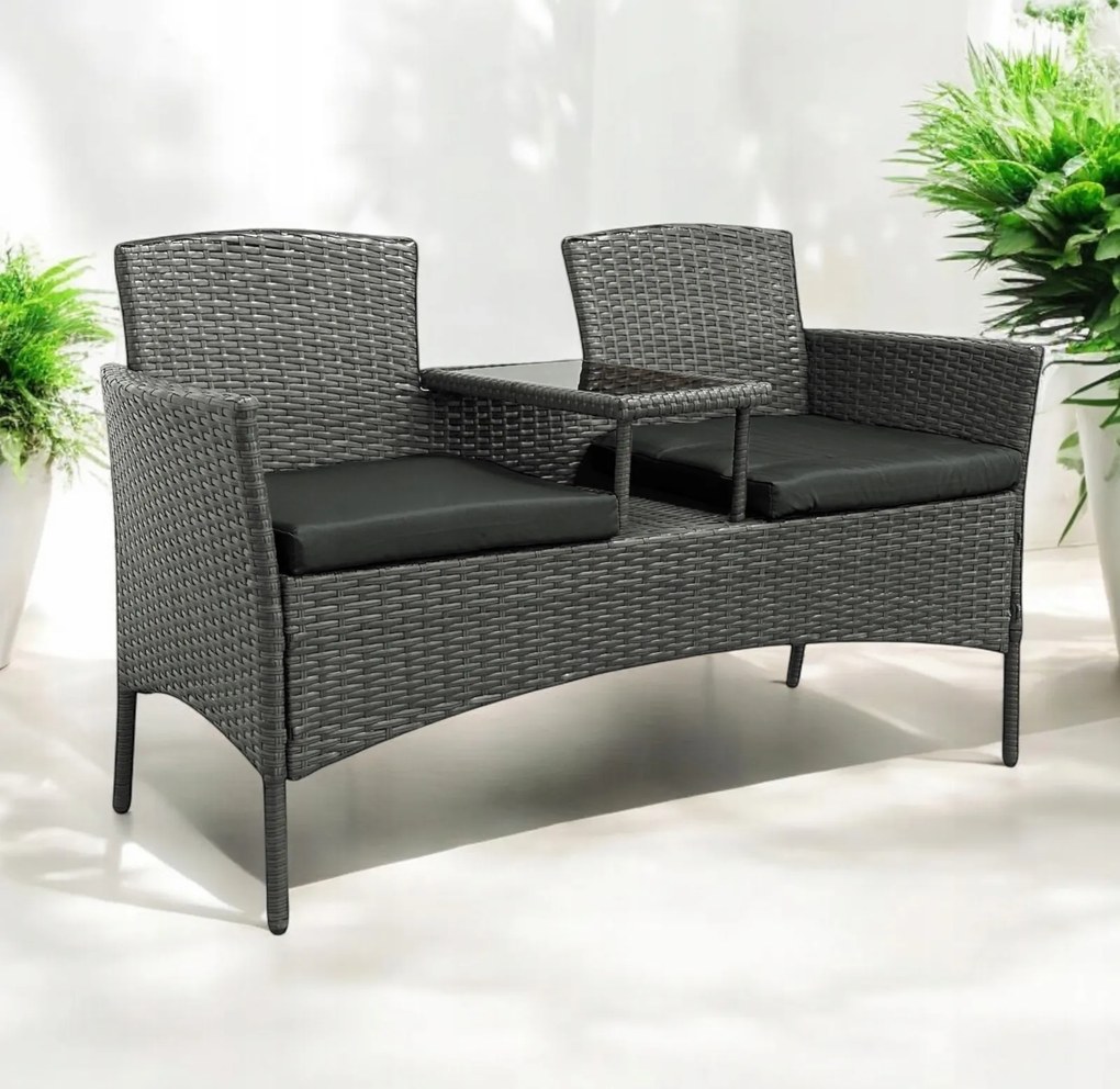 Meble ogrodowe Ratina, dwuosobowa sofa ze stolikiem, kolor szary, poduszki szare